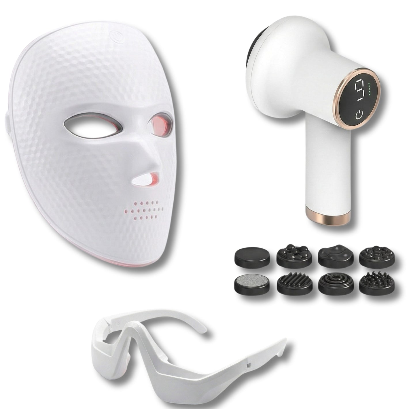 Coffret Beauté & Silhouette Pro – Masque LED Visage + Masque Oculaire + Masseur Anti-Cellulite