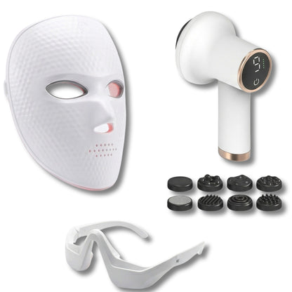 Coffret Beauté & Silhouette Pro – Masque LED Visage + Masque Oculaire + Masseur Anti-Cellulite